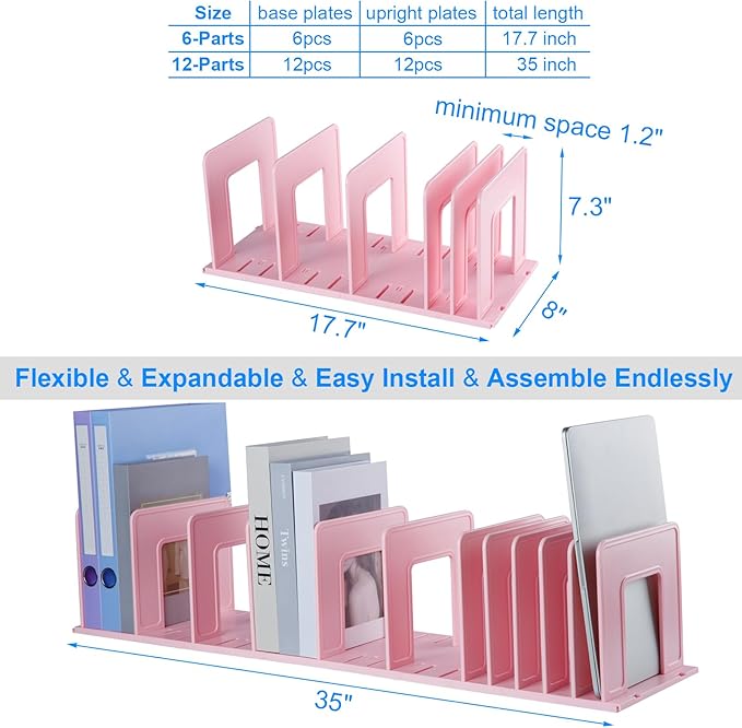 Adjustable Vertical File Sorter Sturdy Plastic Expandable Upright File Holder, Desktop Binder Organizer, School Office File Organizer Bookshelf Divider, Assemble Easily Endlessly, Pink