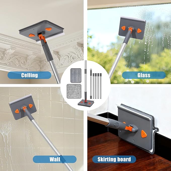 Mops for Floor Cleaning with 57" Long Handle, Baseboard Cleaner Tool with 84" Handle, 2 Reusable Pads, Wet and Dust Mopping for Hardwood, Laminate, Tile Floor, Skirting Board, 7Pcs Gray