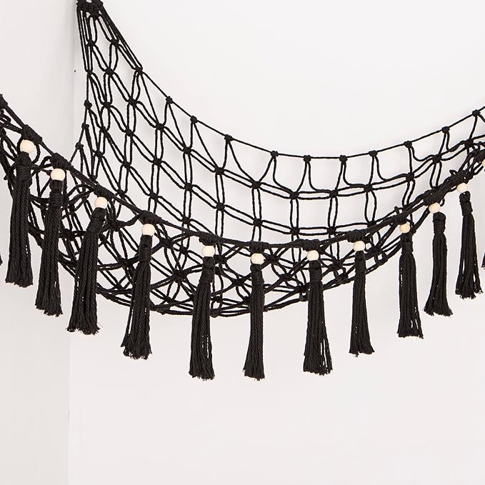 YKBU Stuffed Animal Toy Hammock Hanging- Macrame Toy Hammock with Tassels-Stuff Animals Organizer Storage Boho Large Corner Plush Toys Net Holder for Nursery, Play Room, Kids Bedroom (Black)