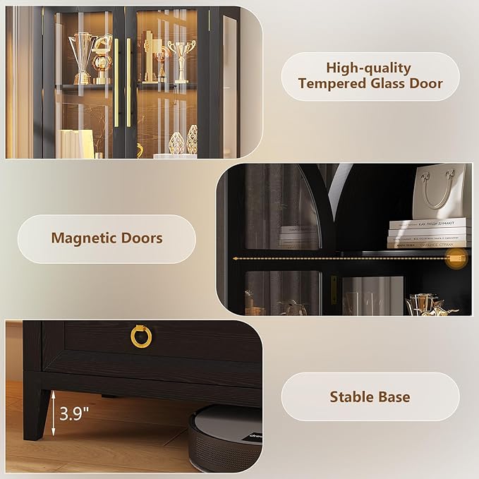 LVSOMT 71" Tall Arched Storage Cabinet with Glass Doors and Drawers, Curio Display Cabinet with Adjustable LED Light & Human Sensor, 4-Tier China Cabinet for Living Room(Black)