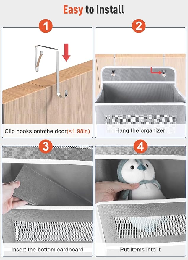 Over The Door Organizer Storage, 5 Shelf Hanging Door Organizer with 10 Large Capacity Pockets, Anti Tilt 44 lb Load Behind Door Storage for Bedroom, Bathroom, Pantry, Nursery, (Grey)