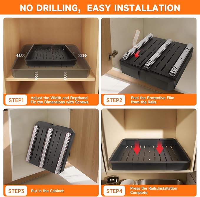 2 Pack Pull out Cabinet Organizer,Adjustable Width (14"-19") and Depth (17"-24"),No Drill Slide out Drawers for Kitchen,Pantry,Adhesive Roll out Shelves,for Cabinets Without Lip