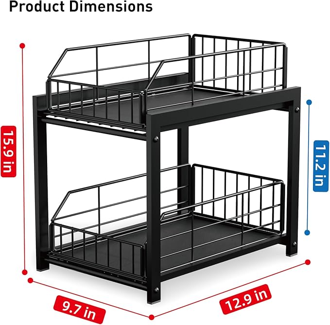 2 Tier Sliding Basket Drawer Organizer, Pull Out Under Sink Cabinets Organizers, Metal Home Shelf for Bathroom or Kitchen, Sliding Countertop or Pantry Storage Shelf, Black