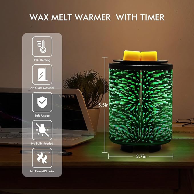 Electric Wax Melt Warmer with Timer (2/4/8H), 7-Color Changing LED Night Light, Removable Silicone Dish, PTC Safe Heating - 3D Glass Design for Home, Office Décor, Gifts for Mom