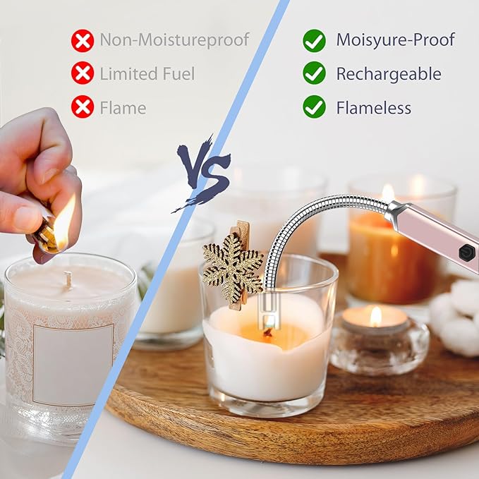 Rechargeable Electric Candle Lighter for Deep Jars - Windproof & Flameless Arc Lighter for Home Decor, Aromatherapy & Arthritis Friendly Gifts (2 Pack - Champagne Gold)