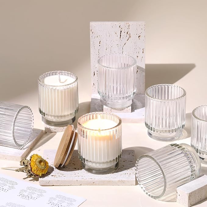 DEVI 7oz Empty Clear Ribbed Glass Candle Jars for Making Candles Set of 8,Glass Candle Jars with Bamboo Lids, Bulk Empty Candle Containers, Candle Tins Making Supplies, Wedding Favors