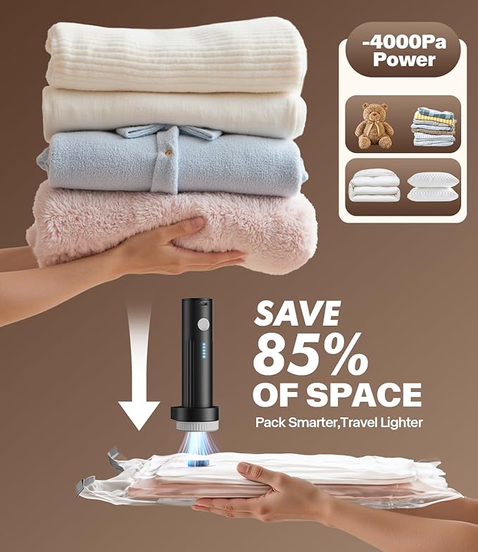 vacuum seal bags for clothing with pump - for Travel, Moving, College & Home Storage, 15 Pack with Rechargeable Electric Pump, 5 Jumbo & 5 Large & 5 Medium
