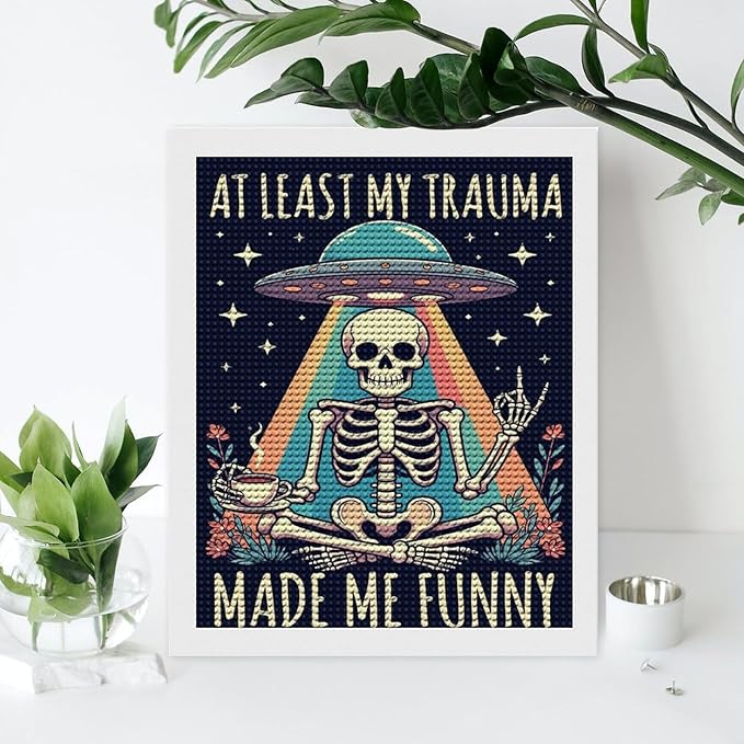 KIVJMSIDJA Diamond Art Kits for Adults Skull Skeleton “At Least My Trauma Made Me Funny” DIY Round Diamond Art for Home Wall Decor & Crafts Gifts 16"x20"