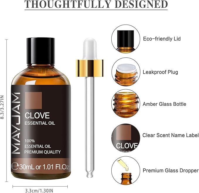MAYJAM Clove Bud Essential Oil, Premium Pure Essential Oils, 1.01FL.OZ Clove Bud Oil for Diffusers Soap Candle Making, Ideal for Home Office Car Yoga Use