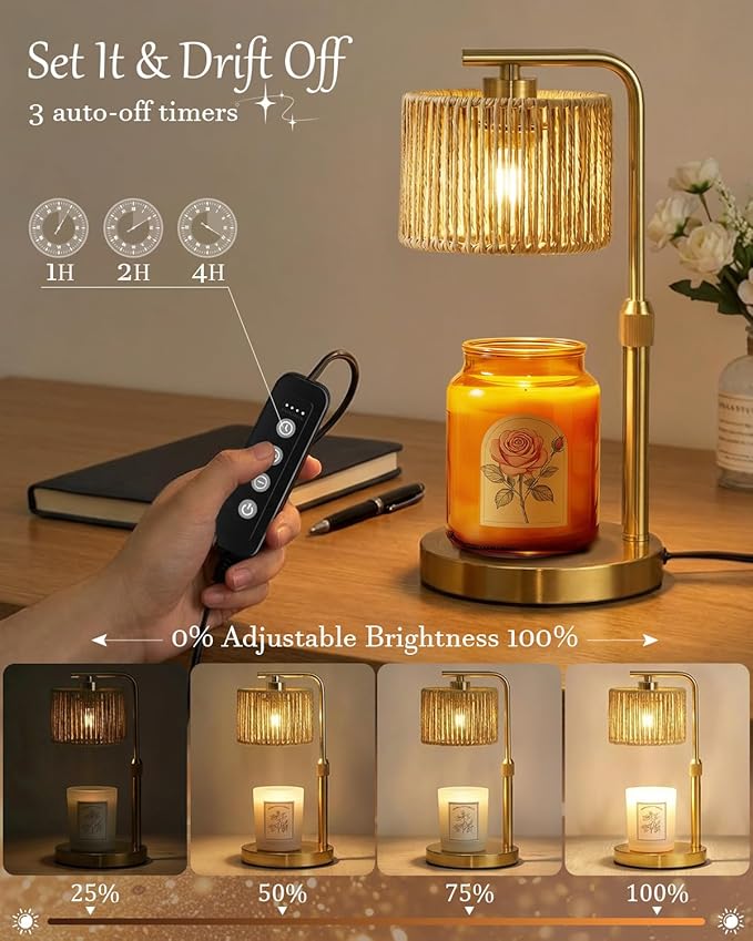 Candle Warmer Lamp, Timer Dimmable Candle Lamp, Adjustable Height and Brightness Gold Candle Warmer, Boho Rattan Lampshade and 2 Bulbs, Suitable for Home Decor, Birthday Gifts for Women Mom