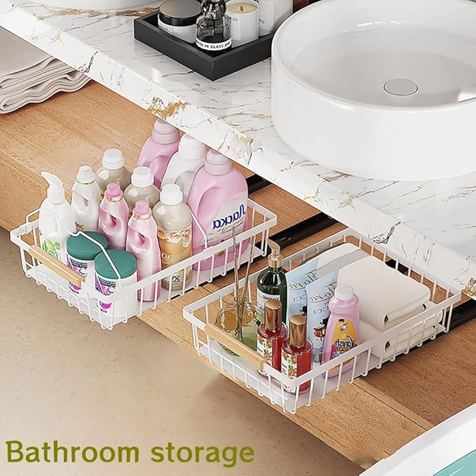 2 Pack No Drill Pull Out Cabinet Organizer, Premium Carbon Steel Slide-Out Drawer with strong nano adhesive, Under Cabinet Storage Shelf for Kitchen, Pantry, Bathroom, White