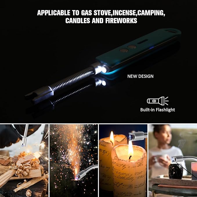 Lighters for Candle,Flameless Plasma Arc Electric Lighter USB C Rechargeable, Long Flexible Neck with Safety Switch for Birthday, Fireplace, Stocking Stuffers Gifts (Blue)