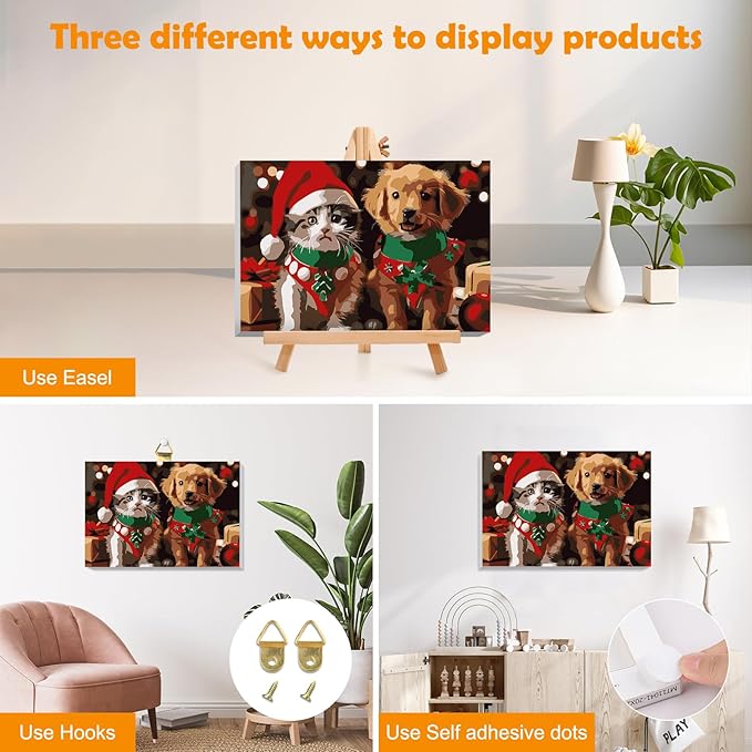 MOGTAA Christmas Paint by Numbers Kit for Adults Beginners with Frame, Cat and Dog Adult Paint by Number Kits on Canvas with Easel, Easy DIY Animal Oil Painting Kits for Home Decor, 8x12in