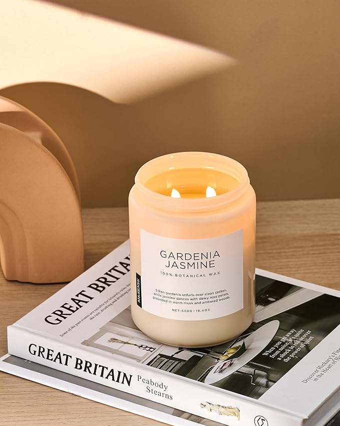 M&SENSE Gardenia Jasmine Scented Candle, 110 Hours Slow Burning Clean Non Toxic 19.4oz 2 Wicks Aromatherapy Candle for Housewarming Gifts, Long Lasting Fragrance for Bath & Office
