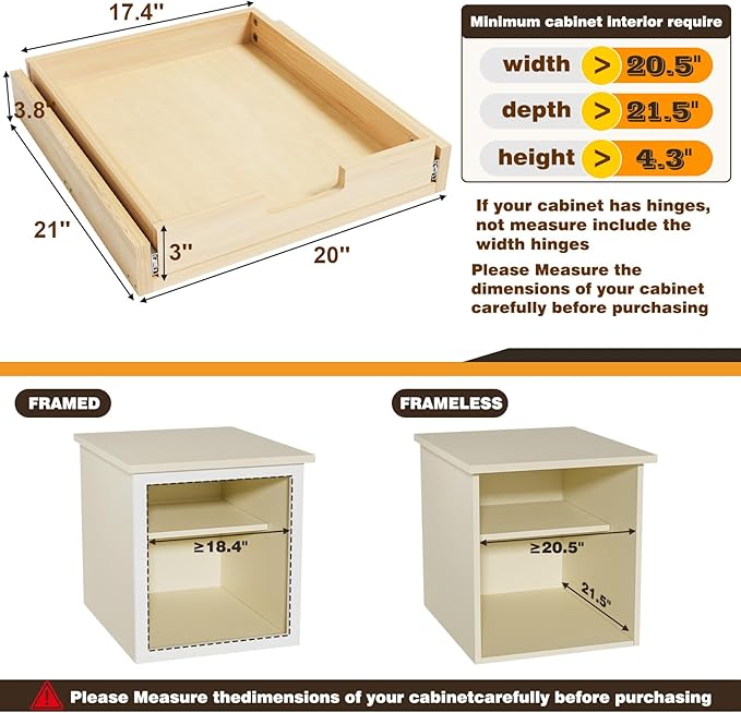 Pull Out Cabinet Organizer, 20''W×21''D Sliding Drawers for Cabinets, 1 Tier Soft Close Slide Out Wooden Pull out Drawers, Base Cabinet Organization for Kitchen, Pantry, Bathroom