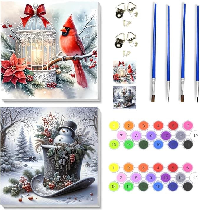 2 pack Snowman Paint by Numbers Kit for Adults Beginner With Framed,Winter Cardinal Easy Adult Paint by Number Kits on Canvas DIY Painting for Beginners Art by Numbers for Home Wall Decor 10x10 Inch
