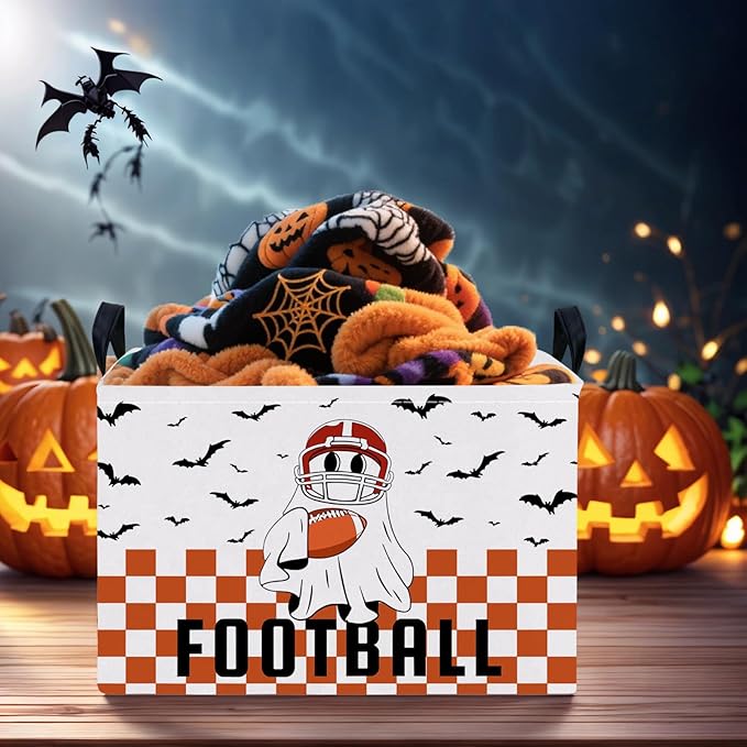 Halloween Basket Gift Cute Ghost Parties Decor Kid Trick or Treat Basket for Boys and Girls Rectangular Storage Bin Box (Football Bat)