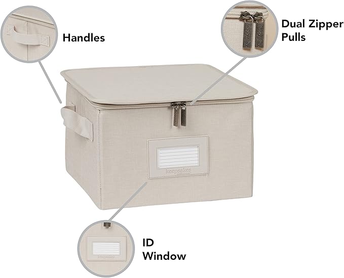 Covermates Dish Storage Box – China & Dinner Plate Storage Container with Dual Zippers, Reinforced Handles, ID Window & Stackable Structured Walls for Dishware Organization, Beige Heather