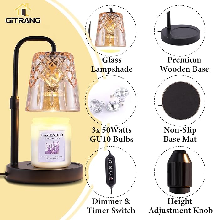 Candle Warming Lamp with Timer Dimmer,House Warming Gifts New Home Decor, Birthday Gifts for Women Mom,Height Adjustable Wax Melts Warmer for Jar Candles with 3 Bulbs，Mother's Day Gifts Decor Lamp