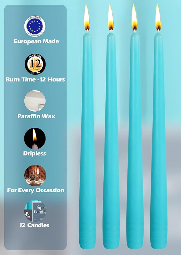 Hyoola Tall Taper Candles - 14 Inch Turquoise Dripless, Unscented Dinner Candle, Paraffin Wax with Cotton Wicks - 12 Hour Burn Time (Pack of 12) - Light Blue