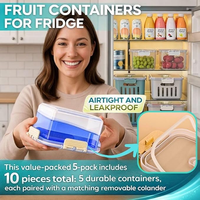 Fruit Containers for Fridge Keep Fresh, 5-Pack Food Storage Containers with Lids, Meal Prep Containers, Fridge Storage with Removable Colander, Microwave & Dishwasher Safe (White)
