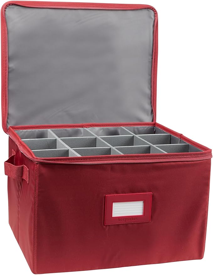Covermates Cup and Mug Storage Box with Dividers, Stackable Organizer for Coffee Mugs & China Cups, Heavy-Duty Polyester with Handles, Zipper Closure & ID Window, Scarlett Red