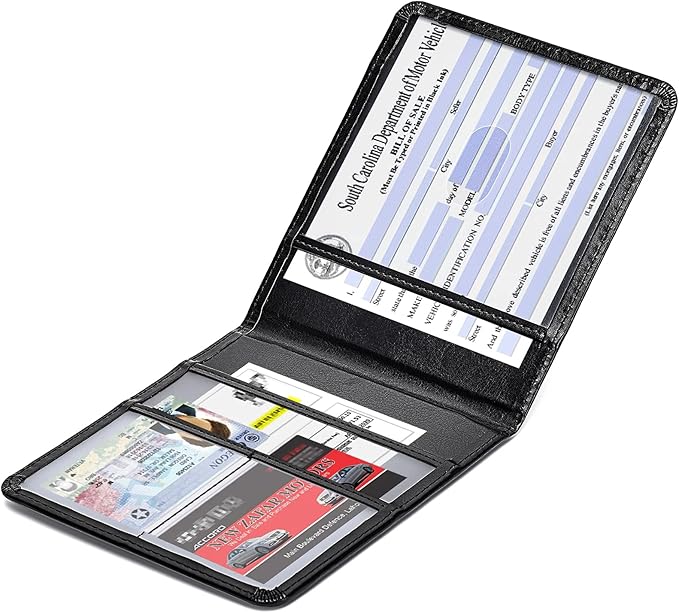 HerriaT Car Registration and Insurance Card Holder - Leather Vehicle Glove Box Automobile Documents Paperwork Wallet Case Organizer for ID, Driver's License, Key Contact Information Cards - Men&Women