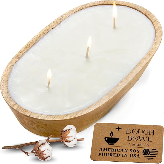Dough Bowl Candle Co. Clean Cotton Soy Candle - 3 Wick Rustic Farmhouse Decor Odor Eliminator in Ornamental Wooden Bowls, 20 Ounce All-Natural Gifts for Women and Men, Wooden Dough Bowls for Decor