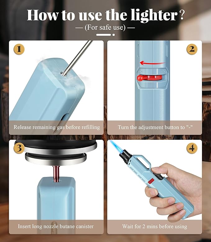 4 Pack of Torch Lighter, Windproof & Adjustable Jet Flame, with Visible Window & Safety Lock, Long Butane Gas Refillable Lighters for Candle, Grill, Camping (NO Gas)