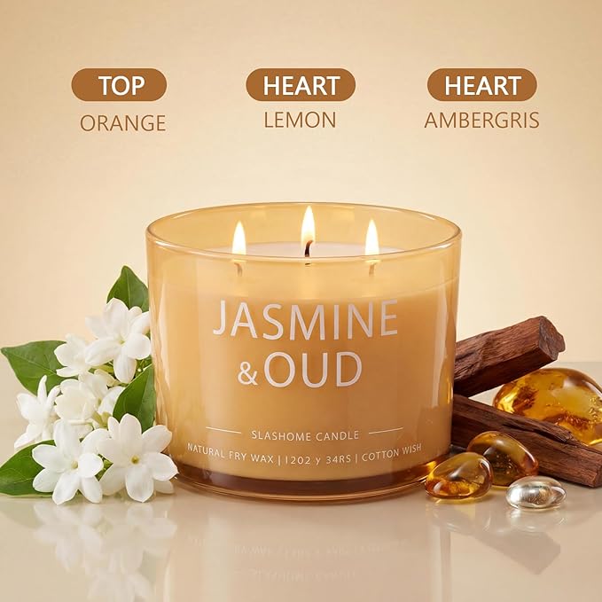 Jasmine & Oud Scented Candle, Luxury Large 3 Wick Soy Candle 12 Oz, 60+ Hour Long Lasting Clean Burn, Elegant Aromatherapy Home Decor, Housewarming & Birthday Gift for Men & Women