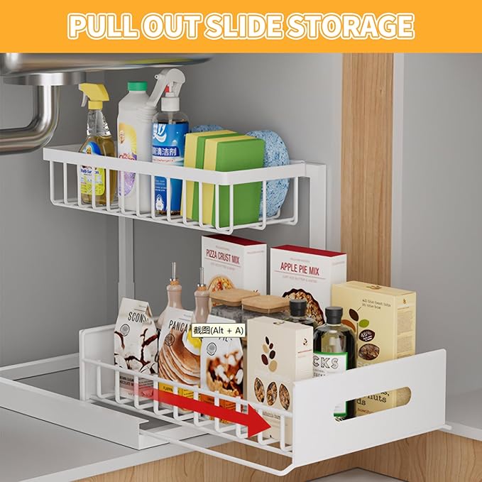 Under Sink Organizer, 1 Pack Pull Out Bathroom/Kitchen Under Cabinet Organizers and Storage, 2 Tier Metal Slide Out Under Kitchen Sink Storage Bathroom Undersink Organizers for Laundry Room