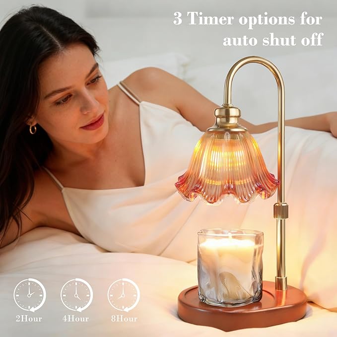Candle Warmer Lamp with Timer: Birthday Gifts for Women, House Warming Gifts New Home Decor – Height Adjustable Candle Lamp for Mom, Anniversary - Walnut Solid Wood Base, with 2 Bulbs