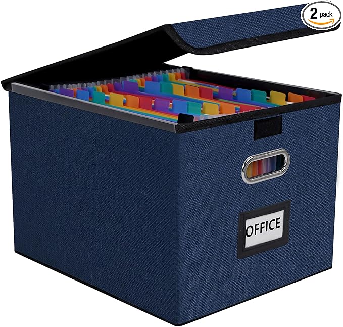 File Organizer Box with 25-Pocket Accordion Folder, File Folder & Protective Lid - Document Storage for Home, Office, School, Navy Blue