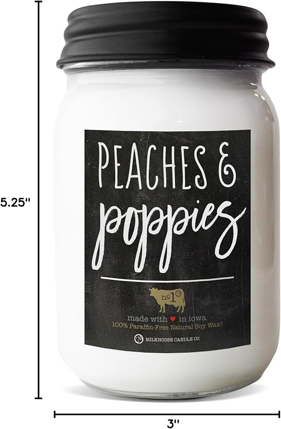 Milkhouse Candle Company Peaches & Poppies Soy Candle - Ripe Peaches | Wild Poppies | Vanilla Bean Scented - 13 oz Mason Jar with Lid, 70+ Hour Burn Time, Made in The USA