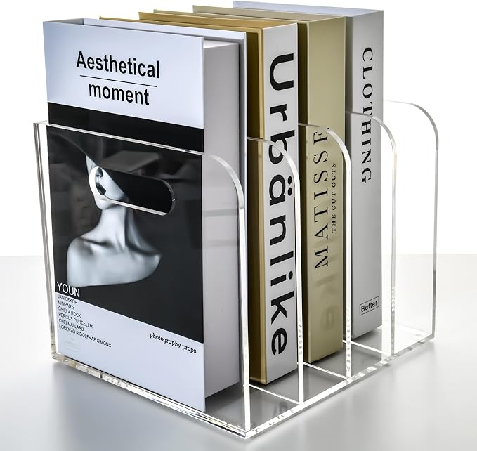 4 Vertical Compartments File Holder, Clear Acrylic Desk Organizer and Storage Bins Holding for Magazines, Binders, Notebooks, Envelopes, Multi-purpose Document Organizer for Home Office
