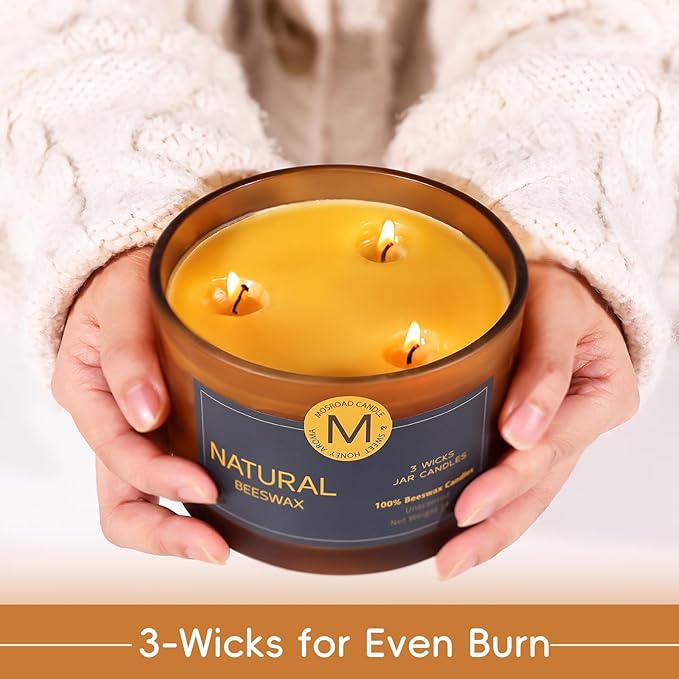 3-Wick Beeswax Candles in Jar, Natural Beeswax Candles in Amber Glass for Air Purification, Honey Aroma Jar Candle for Home Scented Decor, Gift for Women & Men, Fragrance Free, Paraffin Free