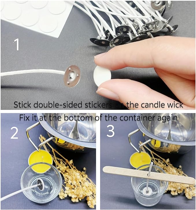 30Pcs Candle Wicks 4 Inch,40Pcs Candle Wicks 6Inch,30Pcs Candle Wicks 8 Inch,100pcs Candle Wick Stickers,Candle Wick Centering Device,20 Pcs Metal Sustainer Tabs,5pcs Candle Wick