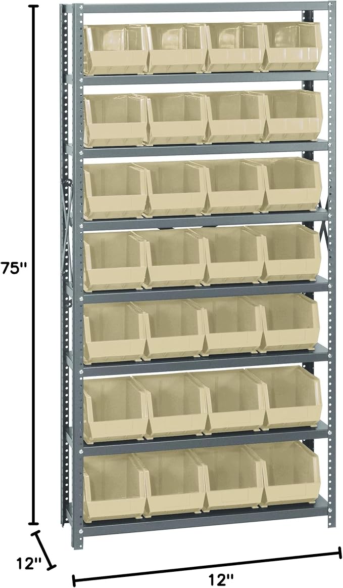 Quantum Storage Systems QSBU-239IV Giant Open Hopper Steel Shelving System, 12" D x 36" W x 75" H, with 8 Shelves and 28 QUS239 Bins, Ivory