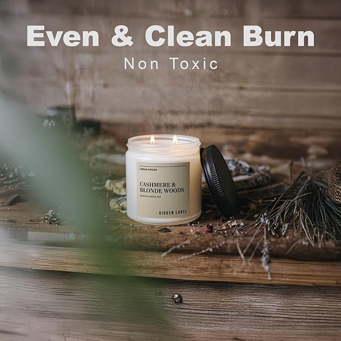 Cashmere Blonde Woods Soy Candle, 12oz Natural Soy Wax, 2 Wick Aromatherapy Candles for Home Scented, 70Hours Clean Burn, Non Toxic, Long Lasting, Gifts for Women, Men, Stress Relief, Relaxation