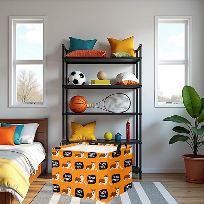 Woof Dog Basket Storage Bin for Chew Toys Pet Supplies & Pet Organizer Dog room decor (Orange)