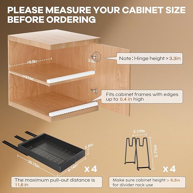 Seinloes 4 Pack Pull Out Cabinet Organizer 21" Deep with Raising Pad for Framed Cabinets, Expandable (9"-14" W) Slide Out Drawers for Kitchen Cabinets with 4pcs Divider Racks, Roll Out Shelves, Black