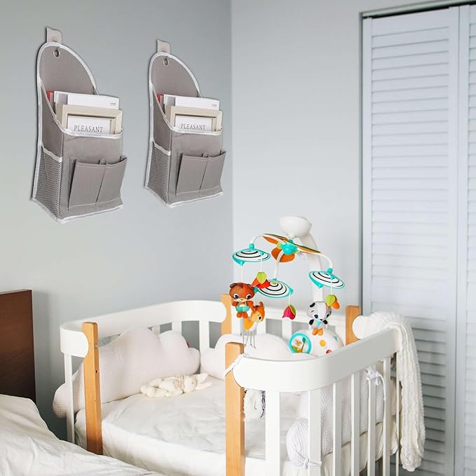 2 Pack Wall Hanging Storage Bag with Pockets, Locker Organizer Basket with Sticky Hook, Fabric Wall Organizer, Waterproof Hanging Bag for Closet Door Bedroom Bathroom Office Home Kitchen(Grey)