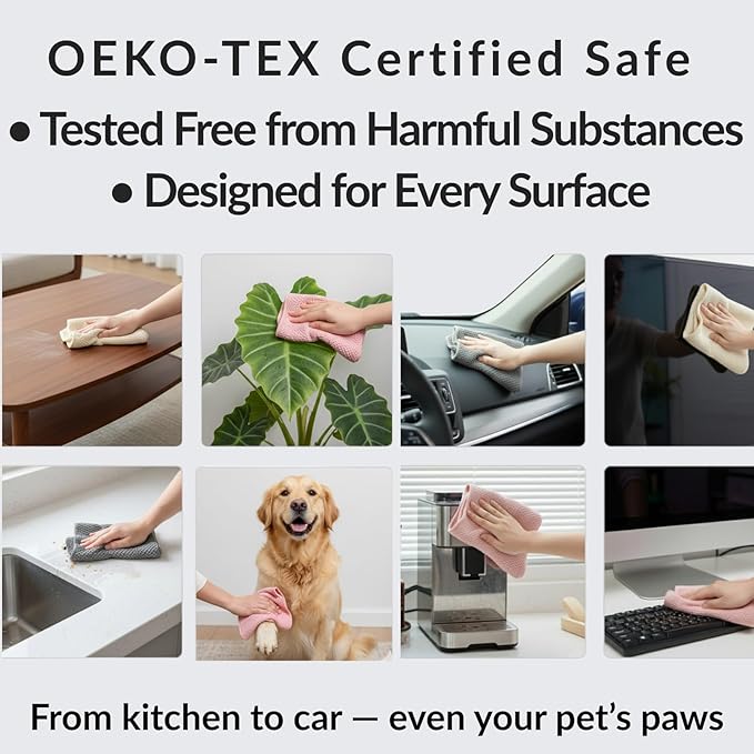 Solyra Oeko-Tex Certified Microfiber Cleaning Cloths – Non-Toxic, Safe for Family & Pets – 6 Pack Kitchen Rags for Counter – 12x12 in, Lint-Free, Absorbent Dish Towels, Dusting Cloths