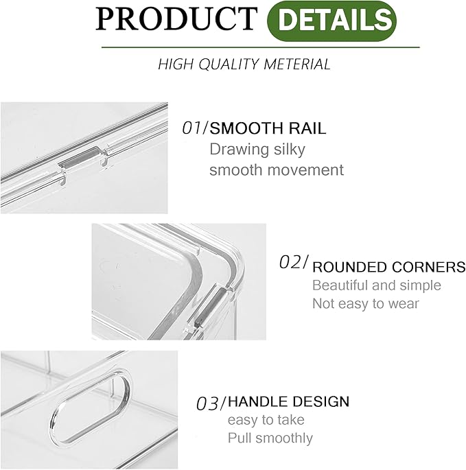 bealy 2 Pack Fridge Organizers and Storage with Pull out Drawer, Stackable Storage Drawer, Clear Refrigerator Organizers, BPA-Free for Freezer Kitchen Cabinet Pantry, 3.14QT