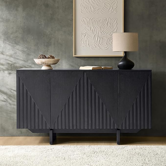 HULALA HOME Mid Century Modern Solid Wood Sideboard with Triangle, 4 Door Fluted Buffet Cabinet with Storage, 58" Sideboard Cabinet with Adjustable Shelves, Black