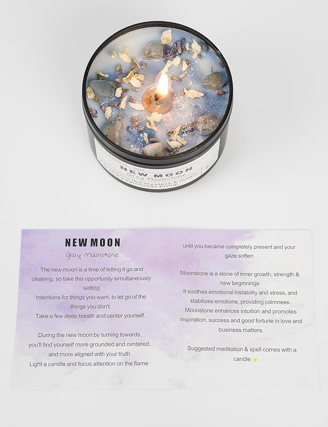 NEW Moon Handmade Candle, New Beginnings, Ritual Energy Gift, Intention De-Stress Good Fortune, Success Protection, Meditation, Moonstone, Soy Wax (8oz)