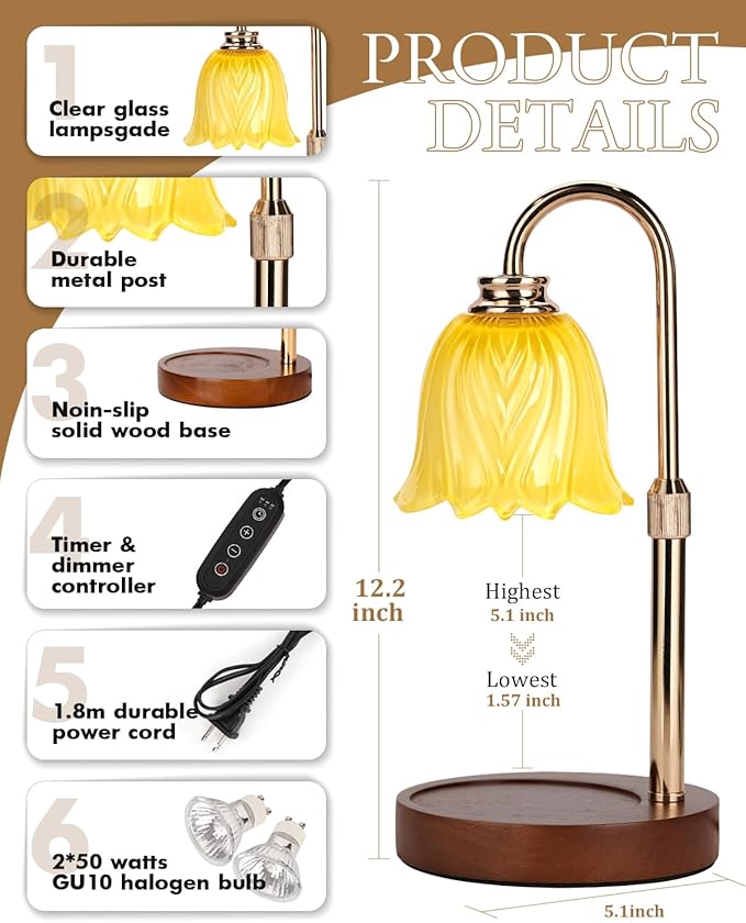 Candle Warmer Lamp, Gold Candle Lamp Warmer with Timer & Dimmer with 2 Bulbs, Dimmable, Birthday Gifts for Women Mom, House Warming Gifts New Home Bedroom Decor, Height Adjustable