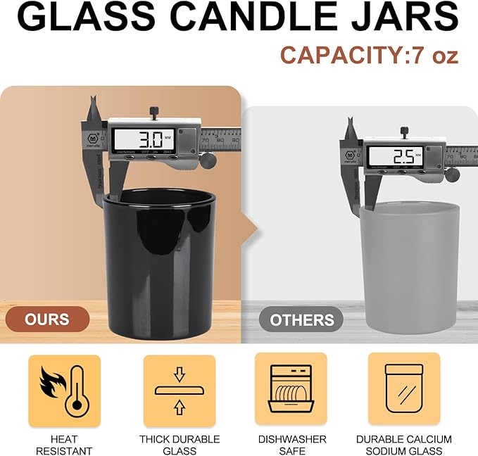 Thick Candle Jars for Making Candles 12 Pcs, 7 OZ Empty Jars with Wood Lids for Candle Making, Sample Container, Glossy Black
