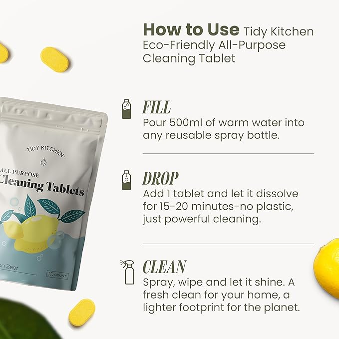 Tidy Kitchen All Purpose Cleaner Refill Tablets - Multi Surface Cleaner for Counters, Stovetops, Tile, Wood, Bath, and Glass - Compact Water-Activated Tablet Refills, 10 Pack