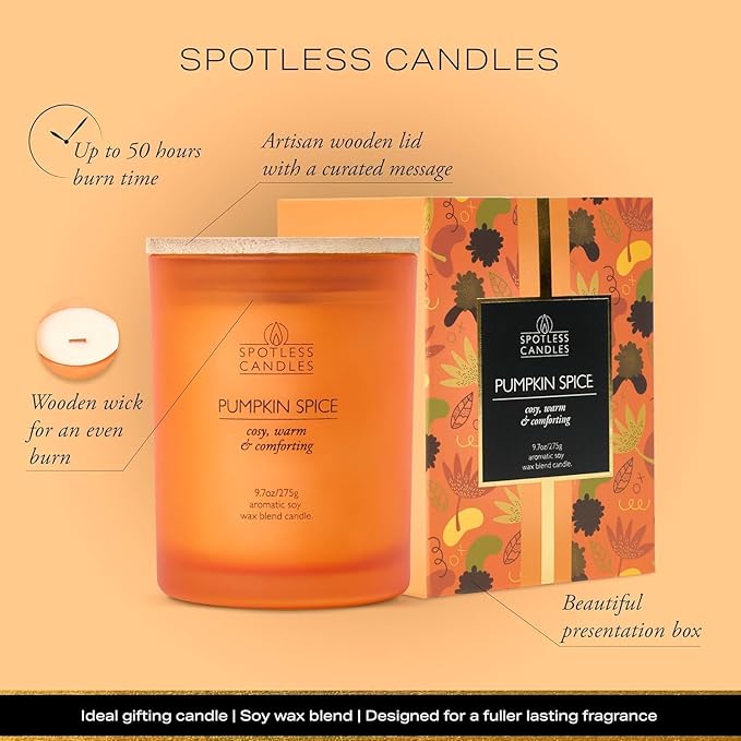 Pumpkin Spice Candle 9.7 oz: 55 Hrs Burn Time - Pumpkin Spice Scented Candles in Frosted Glass Jar with Wooden Crackling Wick in a Luxurious Gold Foil Lined Gift Box